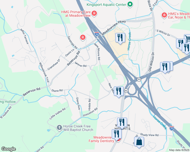 map of restaurants, bars, coffee shops, grocery stores, and more near 1821 Seaver Rd in Kingsport