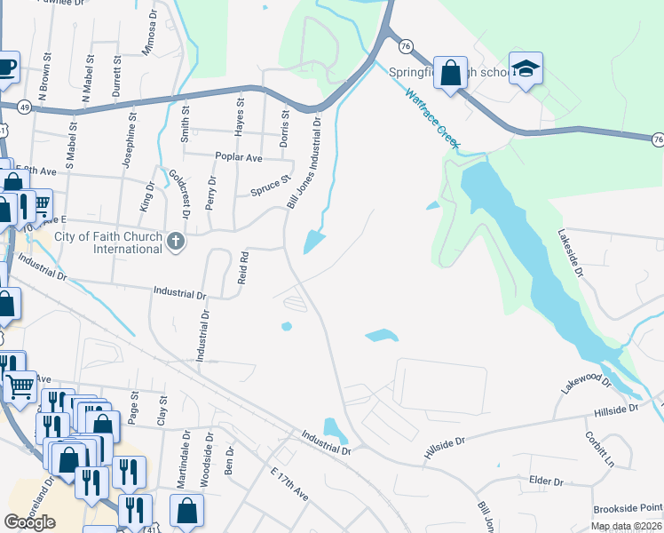map of restaurants, bars, coffee shops, grocery stores, and more near Woodard Reid Road in Springfield