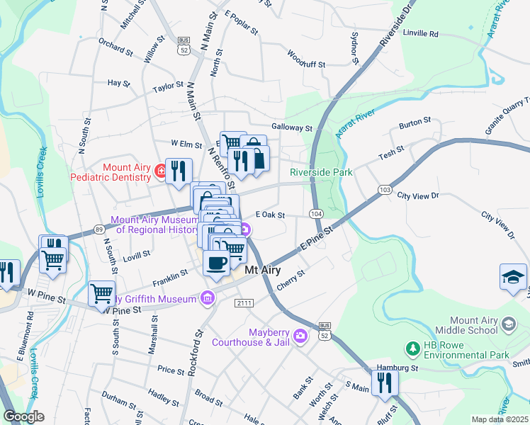 map of restaurants, bars, coffee shops, grocery stores, and more near 304 Junction Street in Mount Airy