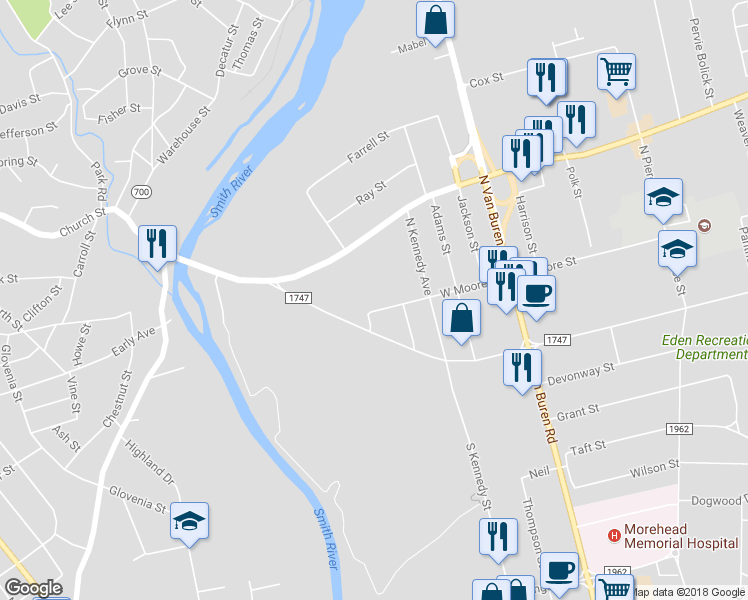 map of restaurants, bars, coffee shops, grocery stores, and more near 207 Madison Street in Eden