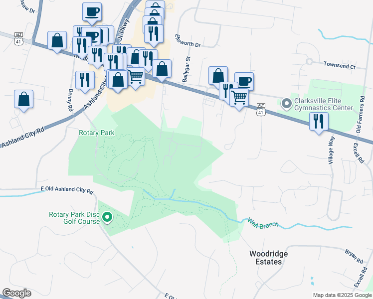 map of restaurants, bars, coffee shops, grocery stores, and more near 2520 Everwood Court in Clarksville
