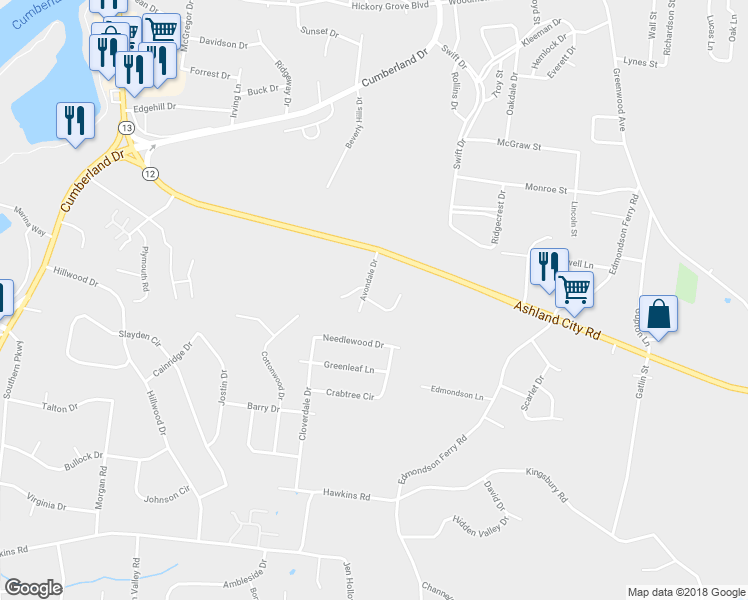 map of restaurants, bars, coffee shops, grocery stores, and more near 1351 Avondale Drive in Clarksville