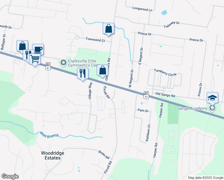 map of restaurants, bars, coffee shops, grocery stores, and more near 110 Old Excell Road in Clarksville