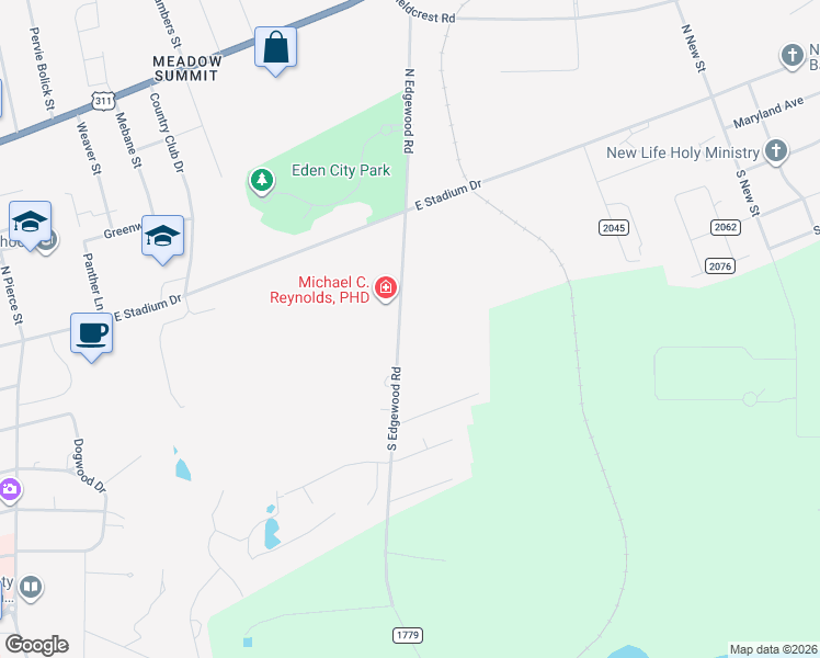 map of restaurants, bars, coffee shops, grocery stores, and more near 222 South Edgewood Road in Eden