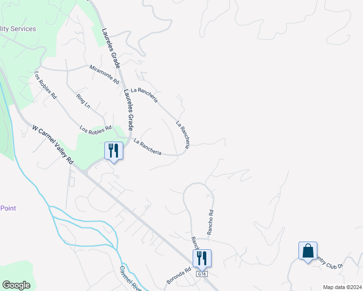 map of restaurants, bars, coffee shops, grocery stores, and more near 2 La Rancheria in Carmel Valley