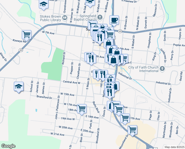 map of restaurants, bars, coffee shops, grocery stores, and more near 1111 Batts Boulevard in Springfield