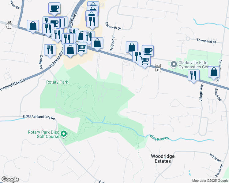 map of restaurants, bars, coffee shops, grocery stores, and more near 2531 Everwood Court in Clarksville