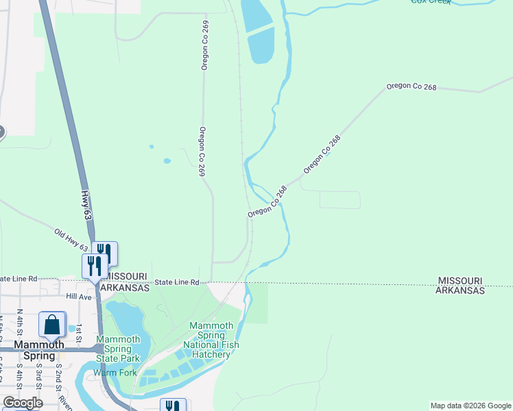 map of restaurants, bars, coffee shops, grocery stores, and more near 245 County Road 268 in Thayer