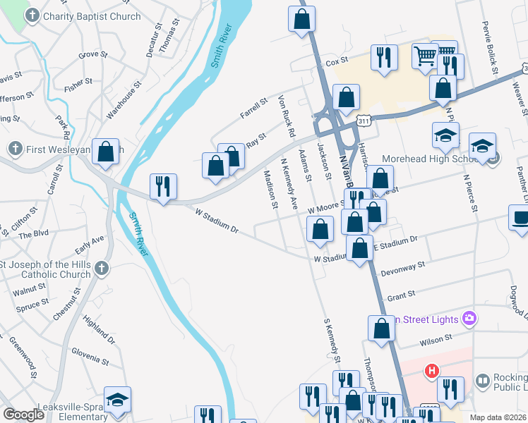map of restaurants, bars, coffee shops, grocery stores, and more near 207 Madison Street in Eden