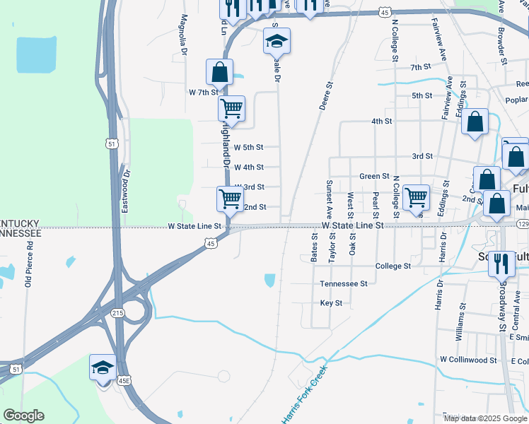 map of restaurants, bars, coffee shops, grocery stores, and more near 1002 West State Line Street in Fulton