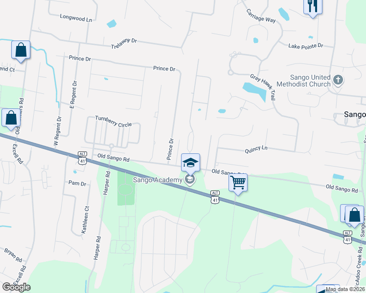 map of restaurants, bars, coffee shops, grocery stores, and more near 108 Copperstone Drive in Clarksville