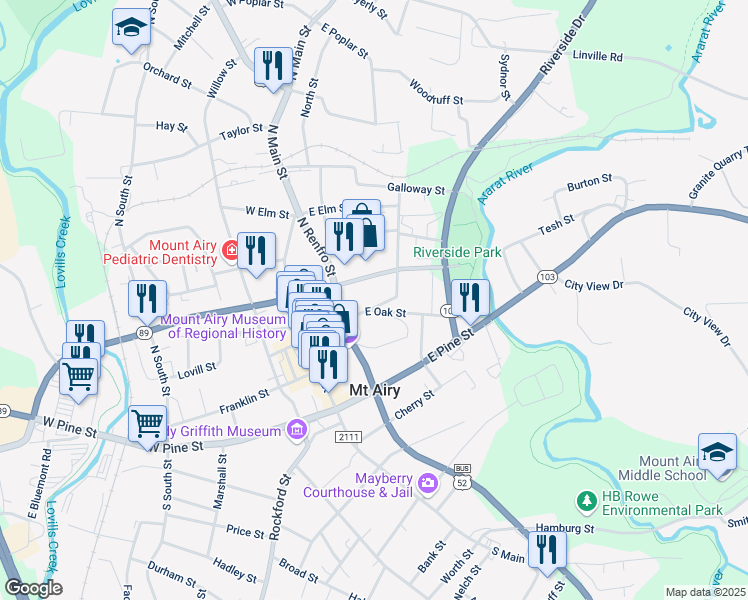 map of restaurants, bars, coffee shops, grocery stores, and more near 304 Junction Street in Mount Airy