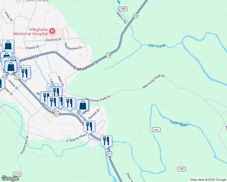 map of restaurants, bars, coffee shops, grocery stores, and more near 685 Memorial Park Drive in Sparta
