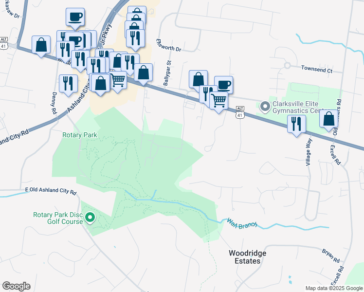map of restaurants, bars, coffee shops, grocery stores, and more near 2531 Everwood Court in Clarksville