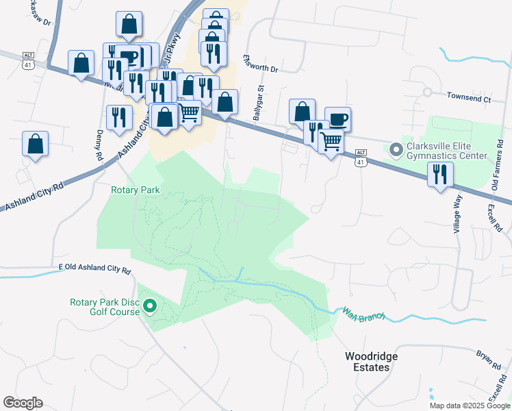 map of restaurants, bars, coffee shops, grocery stores, and more near 2520 Everwood Court in Clarksville