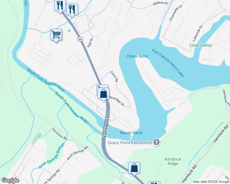 map of restaurants, bars, coffee shops, grocery stores, and more near 3585 Crest Road in Kingsport