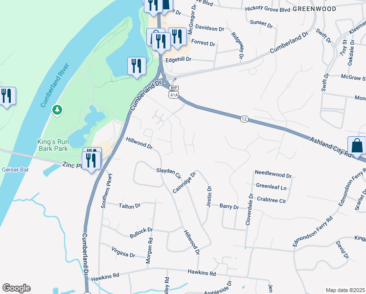 map of restaurants, bars, coffee shops, grocery stores, and more near 1121 Riverwood Place in Clarksville