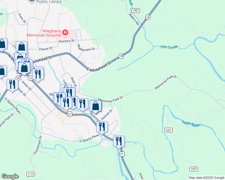 map of restaurants, bars, coffee shops, grocery stores, and more near 685 Memorial Park Drive in Sparta