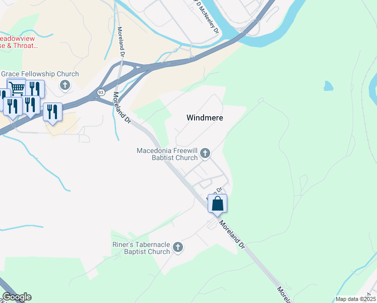 map of restaurants, bars, coffee shops, grocery stores, and more near 113 Windmere Place in Kingsport