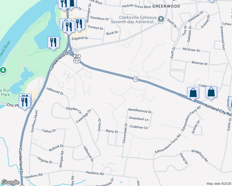 map of restaurants, bars, coffee shops, grocery stores, and more near 1192 Ashland City Road in Clarksville
