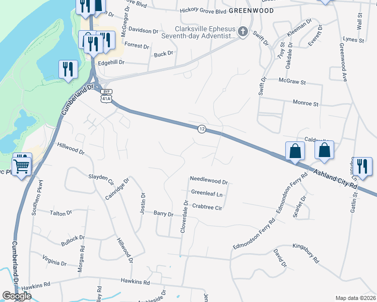 map of restaurants, bars, coffee shops, grocery stores, and more near 1198-1298 Ashland City Road in Clarksville