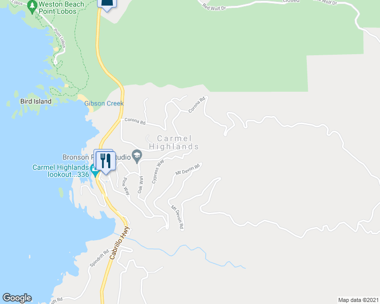 map of restaurants, bars, coffee shops, grocery stores, and more near 100 Cypress Way in Carmel-by-the-Sea