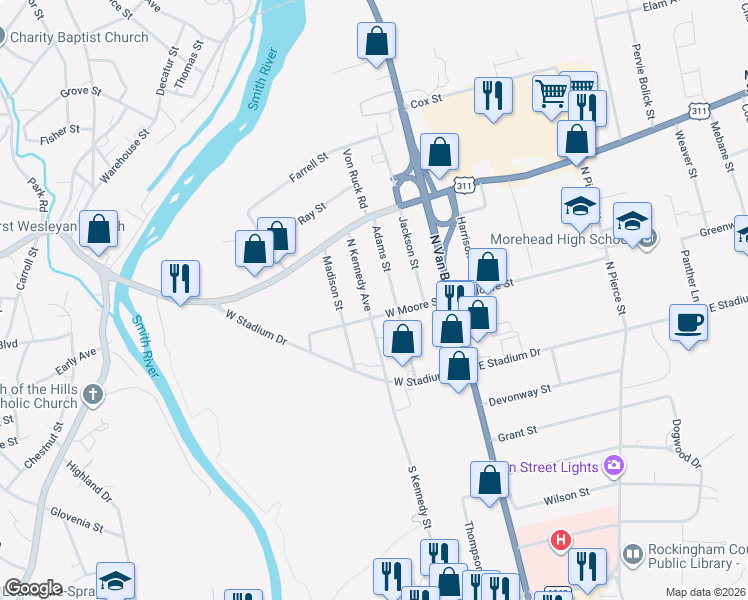 map of restaurants, bars, coffee shops, grocery stores, and more near 212 North Kennedy Street in Eden