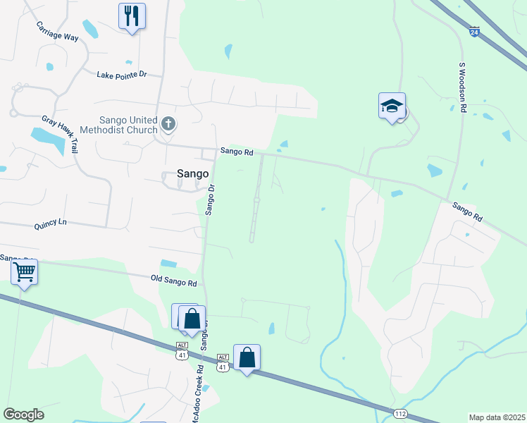 map of restaurants, bars, coffee shops, grocery stores, and more near 166 Sango Drive in Clarksville