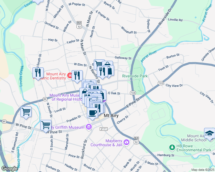 map of restaurants, bars, coffee shops, grocery stores, and more near 332 East Independence Boulevard in Mount Airy