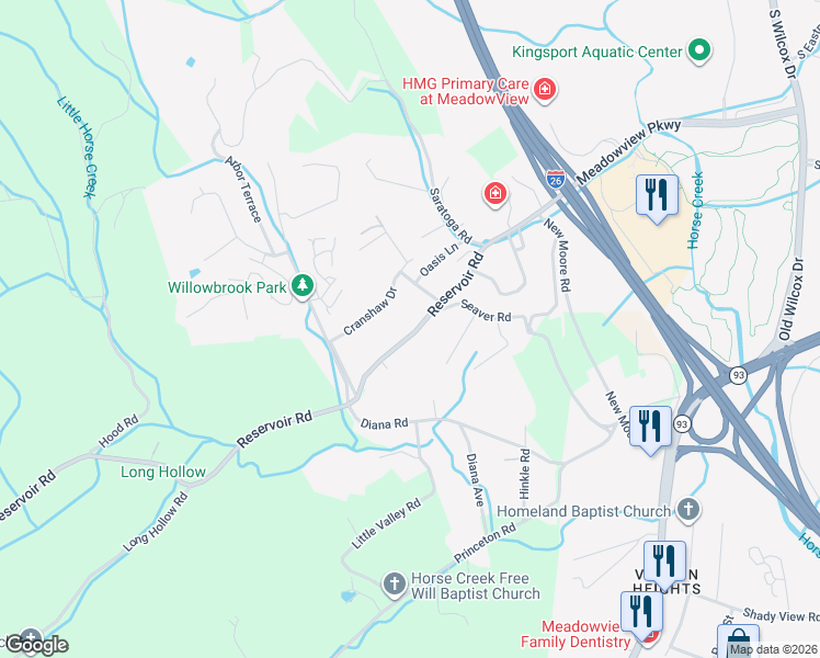map of restaurants, bars, coffee shops, grocery stores, and more near 2308 Reservoir Road in Kingsport