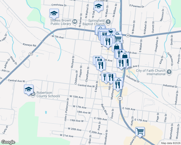 map of restaurants, bars, coffee shops, grocery stores, and more near 1006 Cheatham Street in Springfield