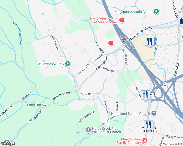 map of restaurants, bars, coffee shops, grocery stores, and more near 2308 Reservoir Road in Kingsport