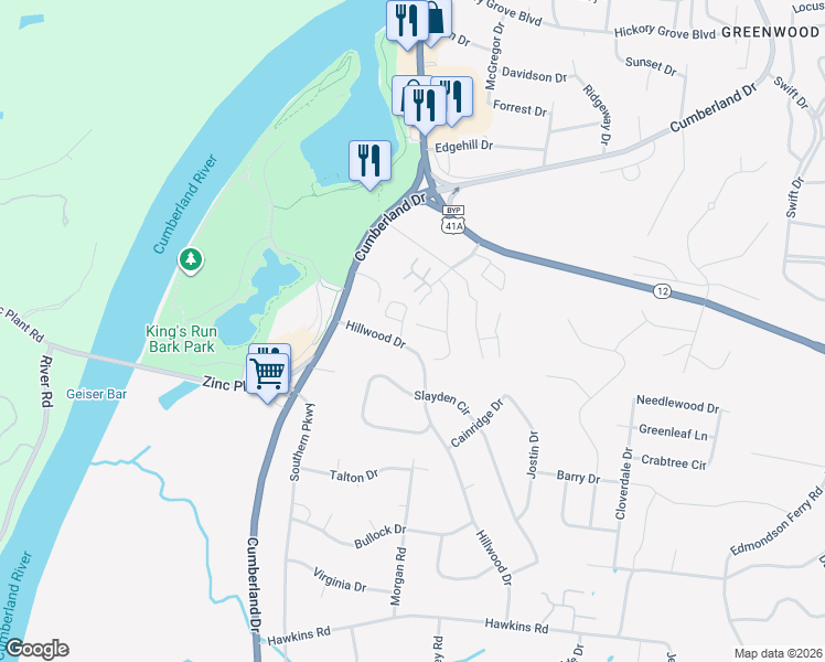 map of restaurants, bars, coffee shops, grocery stores, and more near 1101 Plymouth Road in Clarksville