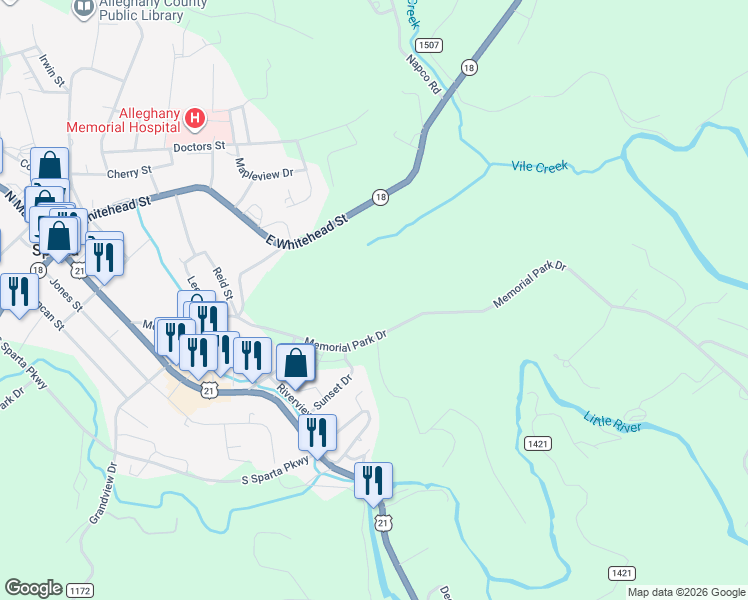 map of restaurants, bars, coffee shops, grocery stores, and more near 685 Memorial Park Drive in Sparta