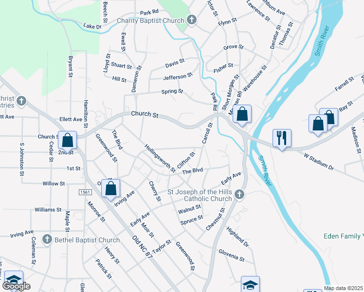 map of restaurants, bars, coffee shops, grocery stores, and more near 615 Oak Street in Eden