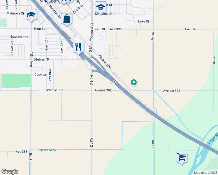map of restaurants, bars, coffee shops, grocery stores, and more near 1302 Avenue 392 in Kingsburg