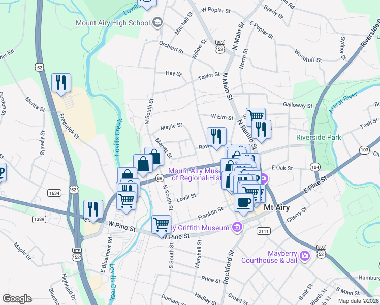 map of restaurants, bars, coffee shops, grocery stores, and more near 105 Arlington Heights Lane in Mount Airy