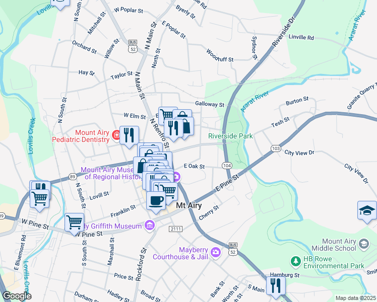 map of restaurants, bars, coffee shops, grocery stores, and more near 332 East Independence Boulevard in Mount Airy