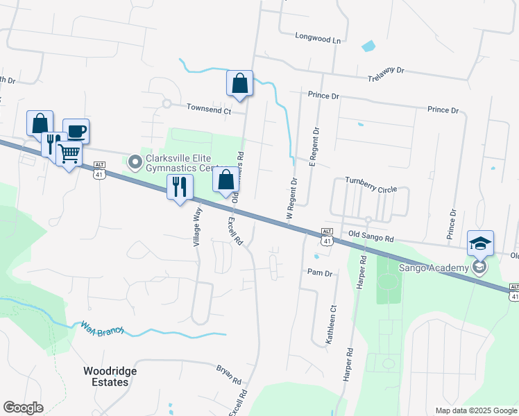 map of restaurants, bars, coffee shops, grocery stores, and more near 159 Lancashire Drive in Clarksville