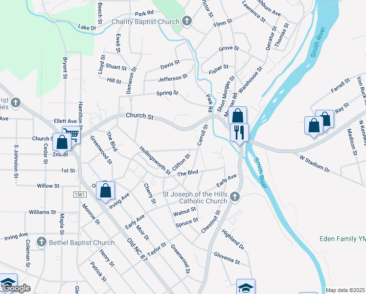 map of restaurants, bars, coffee shops, grocery stores, and more near 615 Oak Street in Eden