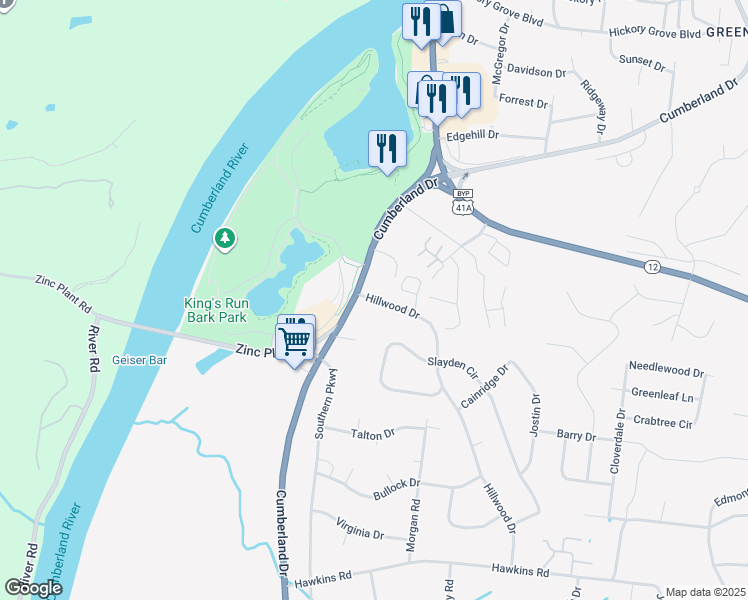 map of restaurants, bars, coffee shops, grocery stores, and more near 1100 Hillwood Drive in Clarksville