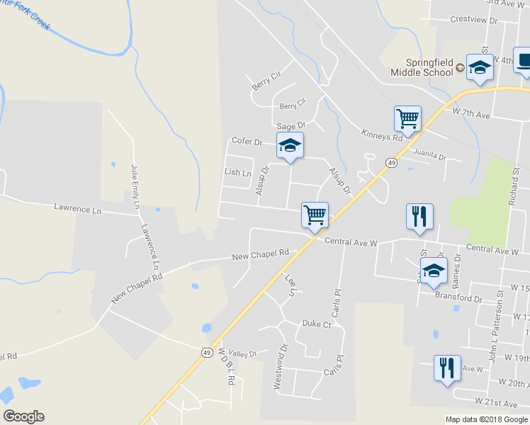 map of restaurants, bars, coffee shops, grocery stores, and more near 308 Pitt Lane in Springfield