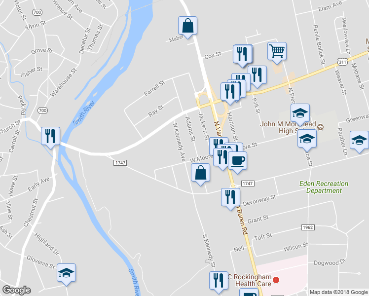 map of restaurants, bars, coffee shops, grocery stores, and more near 212 North Kennedy Avenue in Eden