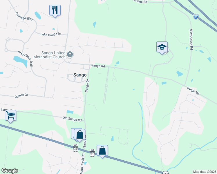 map of restaurants, bars, coffee shops, grocery stores, and more near 166 Sango Drive in Clarksville