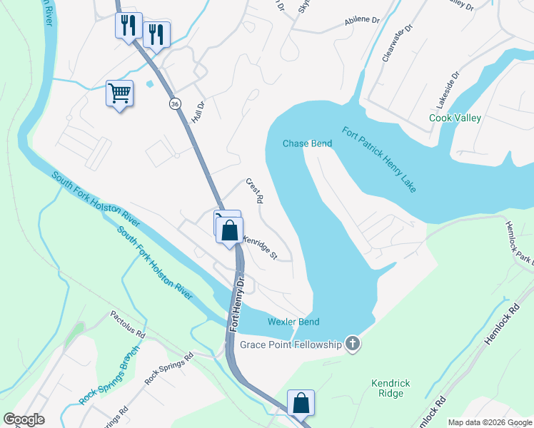 map of restaurants, bars, coffee shops, grocery stores, and more near 3585 Crest Road in Kingsport