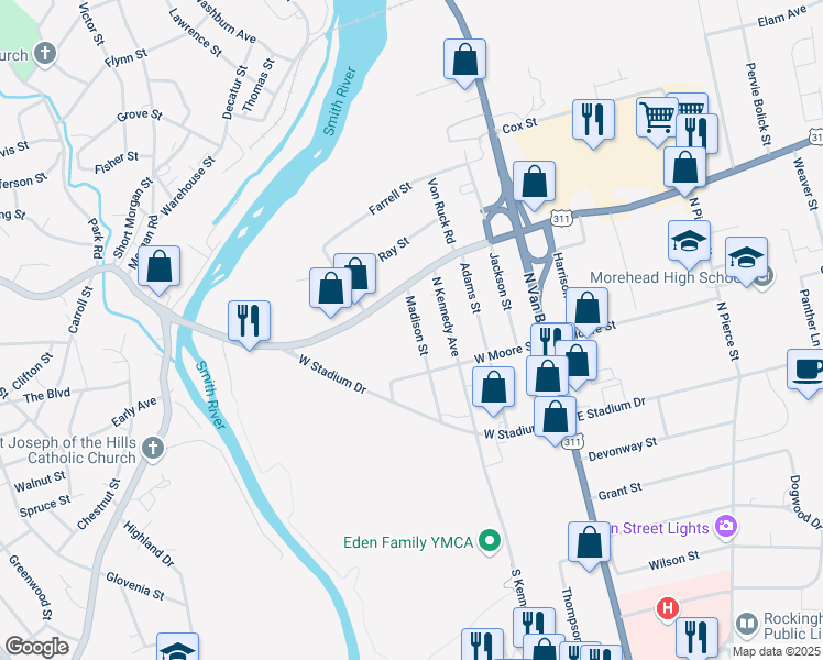map of restaurants, bars, coffee shops, grocery stores, and more near 219 Madison Street in Eden