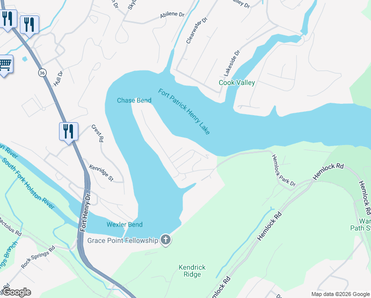 map of restaurants, bars, coffee shops, grocery stores, and more near 3716 Hemlock Park Drive in Kingsport