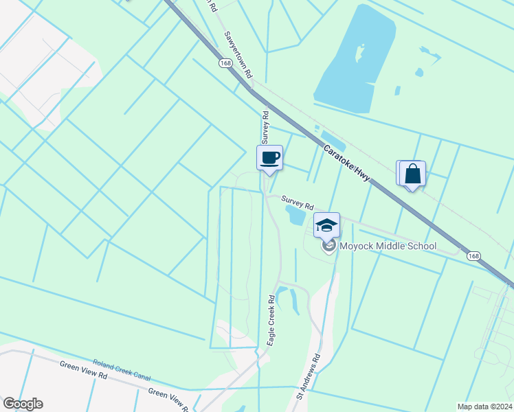 map of restaurants, bars, coffee shops, grocery stores, and more near 110 Green Lake Road in Moyock