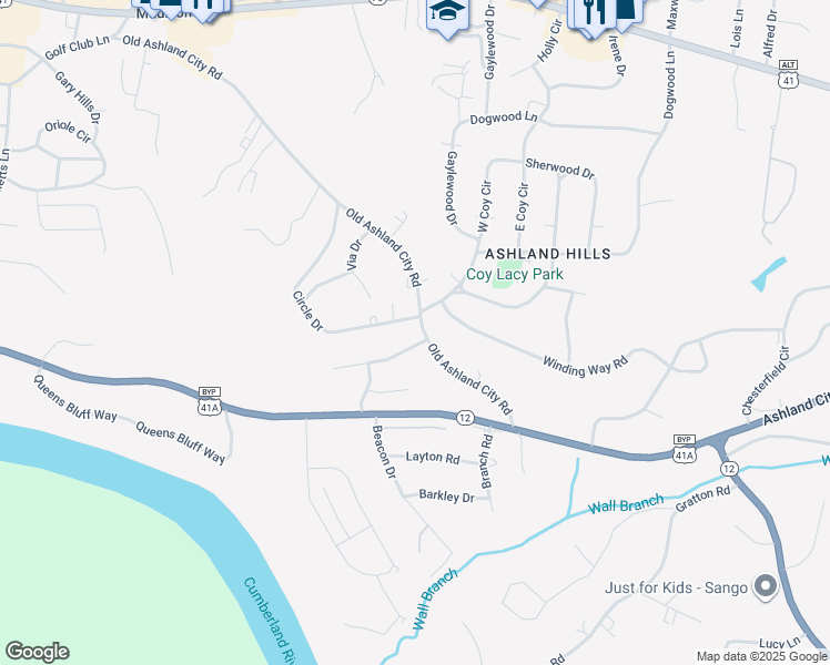 map of restaurants, bars, coffee shops, grocery stores, and more near 2364 Old Ashland City Road in Clarksville
