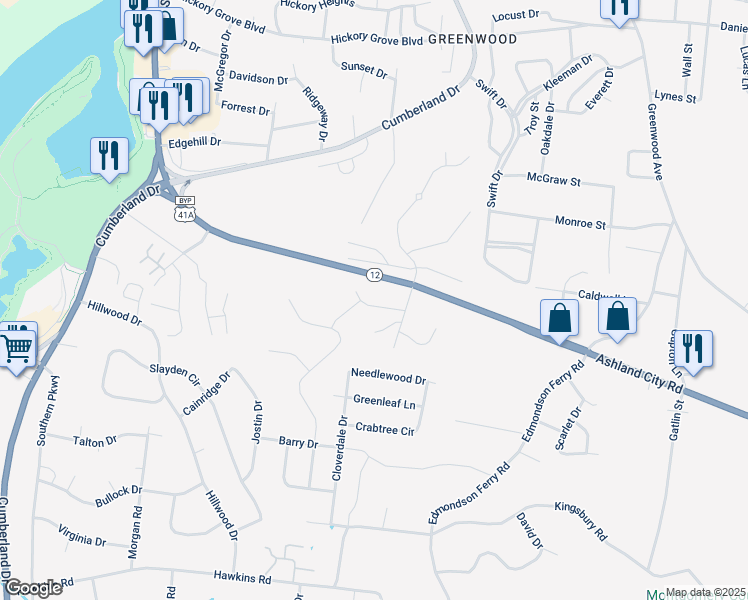 map of restaurants, bars, coffee shops, grocery stores, and more near 1198-1298 Ashland City Rd in Clarksville